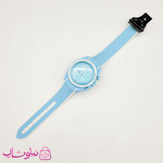 خرید  ساعت امگا سواچ moonswatch با بند رابر زنانه مردانه رنگ آبی سفید کیفیت مستر 