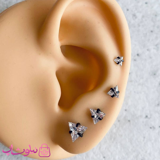 خرید پیرسینگ گوش نگین مثلث پایه مشکی در 4 سایز 