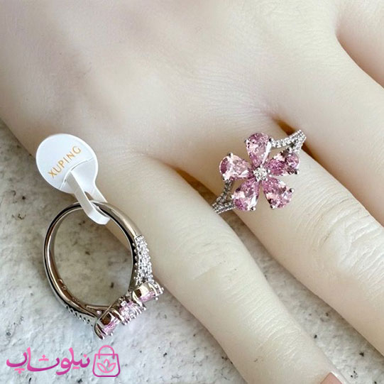 خرید انگشتر زنانه ژوپینگ مدل گل صورتی نقره ای رنگ