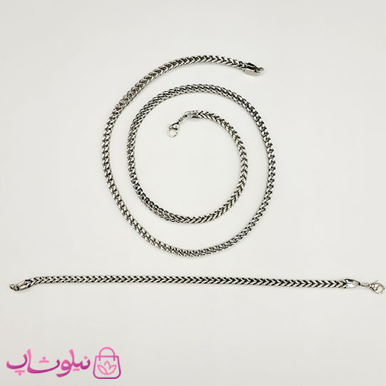 خرید  ست گردنبند و دستبند مردانه فرانکو (میرو) استیل نقره ای 