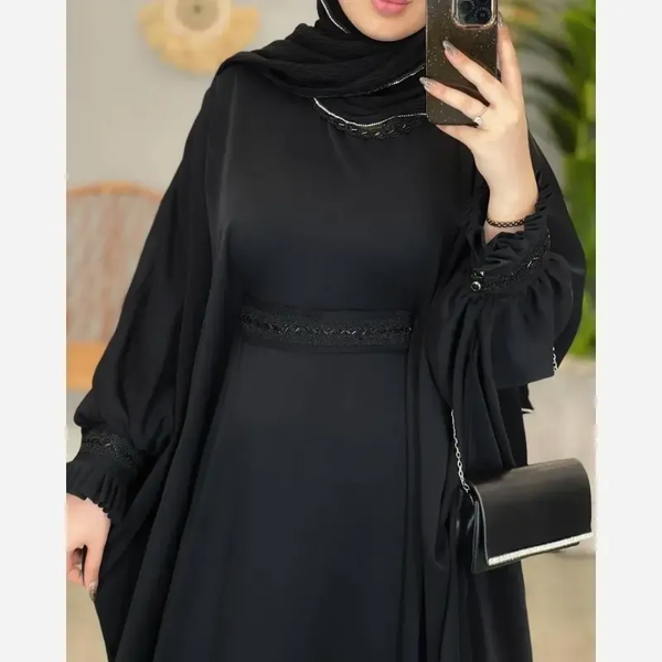 خرید عبای زنانه راحیل الیزه مشکی بلند ملیله دوزی شده آستین پلیسه فری سایز 