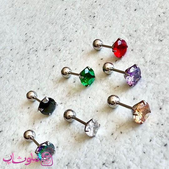 پیرسینگ گوش پایه نقره ای مدل دایره نگین رنگی کد 599