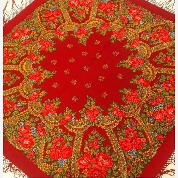 خرید روسری ترکمنی پشمی قرمز قواره 148 برند پاولوف پوساد روسیه 