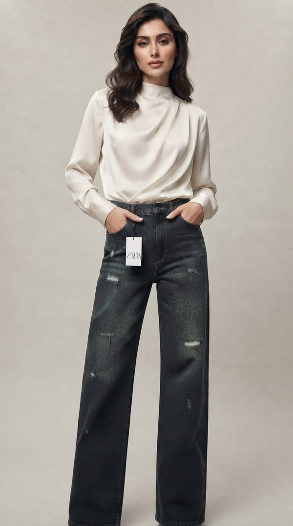 شلوار جین  نیم بگ زنانه  ZARA |   کد  BSA-002 | رنگ طوسی  تینت  فسفری