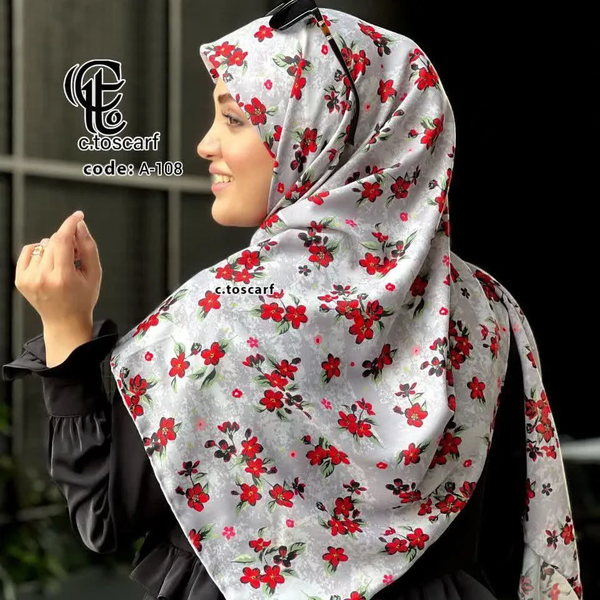 خرید روسری نخ کاستوم طرح چیچک گل سرخ طوسی قواره بزرگ 140 سانتیمتر 
