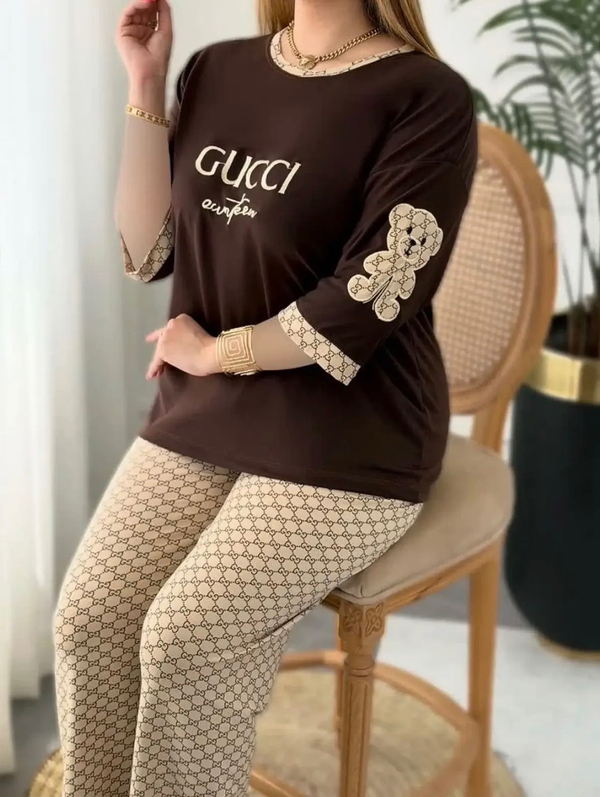خرید  تیشرت و شلوار گلدوزی ست، طرح گوچی ، قواره دار 