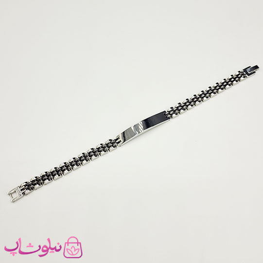 خرید  دستبند مردانه رولکس مشکی نقره ای پلاک دار استیل 