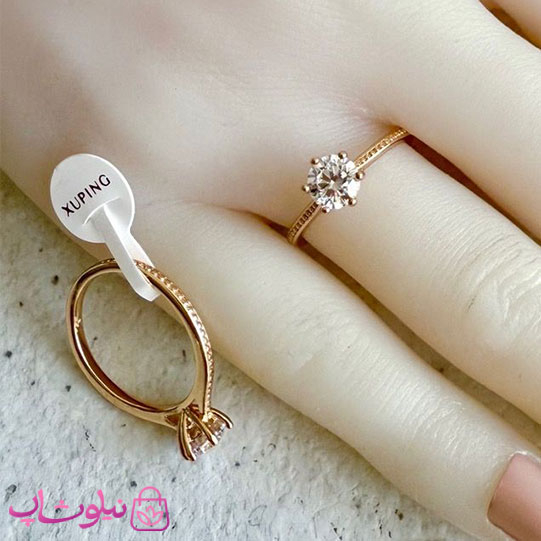 خرید انگشتر زنانه ژوپینگ طرحدار طلایی مدل سولیتر نگین سفید