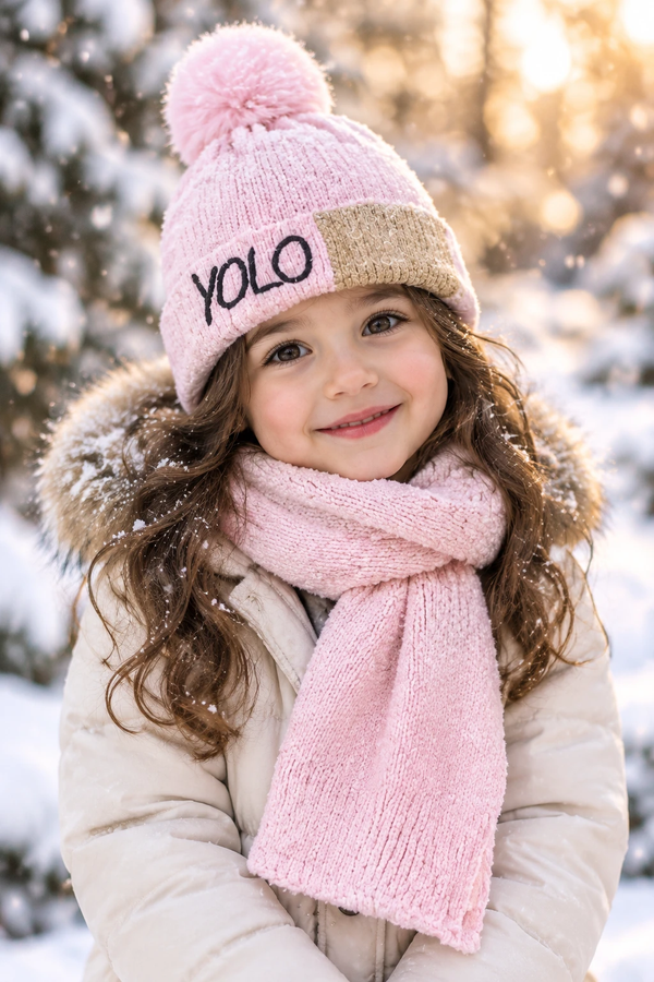 خرید ست کلاه و شال گردن بافت بچگانه مدل YOLO (داخل مخمل) 