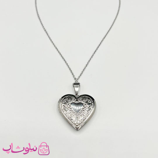 خرید گردنبند زنانه استیل مدل لاکت قلبی بازشو نقره ای