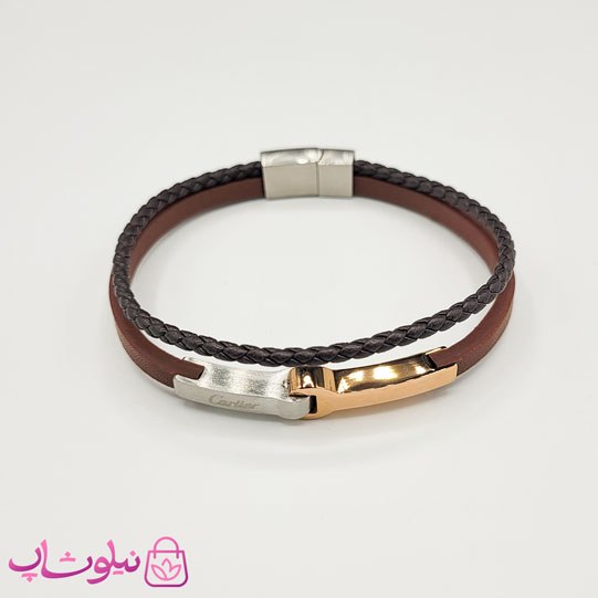 خرید  دستبند مردانه چرم استیل مدل کارتیه قهوه ای کیفیت مستر 
