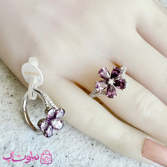خرید  انگشتر زنانه ژوپینگ مدل گل بنفش نقره ای رنگ 