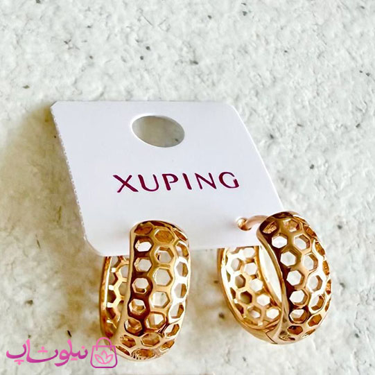 خرید گوشواره زنانه حلقه ای ژوپینگ مدل لانه زنبوری طلایی