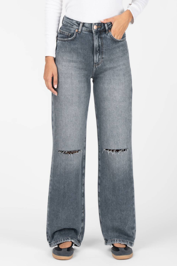 خرید شلوار جین زنانه نیم بگ طوسی آبی وسط دبل زاپ جک پات ریزشی رویال