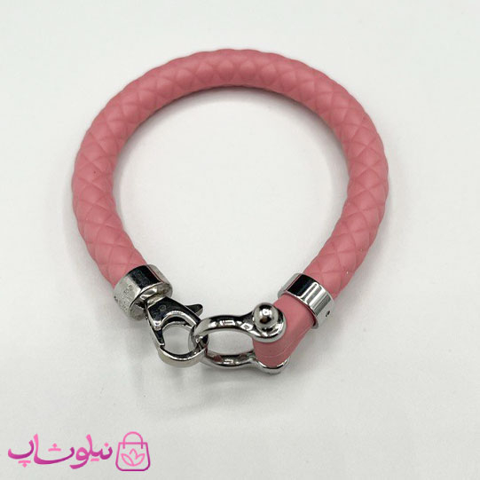 خرید  دستبند امگا رابر زنانه صورتی با قفل نقره ای کیفیت مستر 