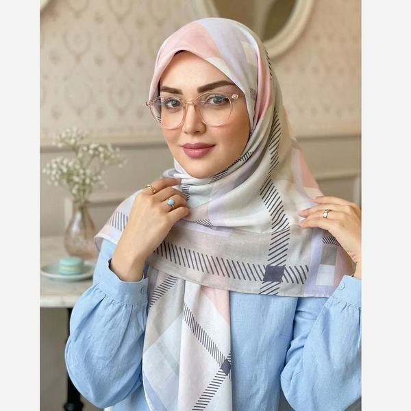 روسری نخ کاستوم طرح باربری سفید قواره بزرگ 140 سانتیمتر دور چرخ دوز