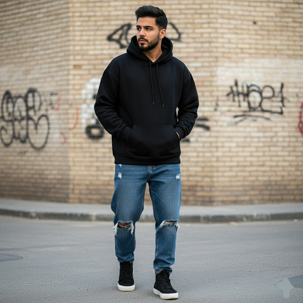 خرید  هودی مشکی اوور سایز LANE SEVEN 