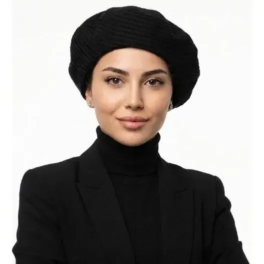 خرید کلاه فرانسوی دو رویه مشکی و پلنگی قطر 30 سانتی متر مناسب پاییز و زمستان 