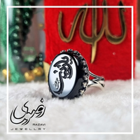 خرید انگشتر مردانه آلیاژ نقره روس با سنگ عقیق مشکی و حکاکی یا زینب