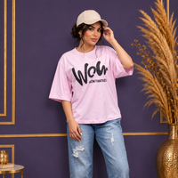 خرید تیشرت لانگ باکسی طرح Wow زنانه جنس نخ پنبه سوپر فری سایز (40 تا 50)