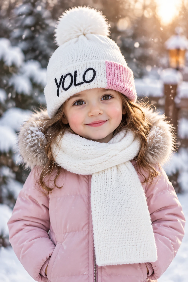 خرید ست کلاه و شال گردن بافت بچگانه مدل YOLO - سفید با پچ صورتی (داخل مخمل) 