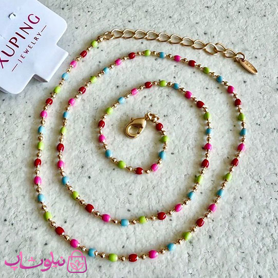 خرید زنجیر زنانه ژوپینگ طلایی مدل مهره ای رنگارنگ ظریف