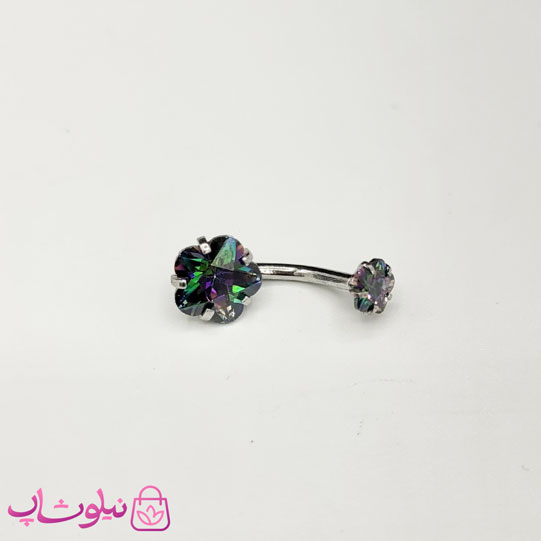 خرید  پیرسینگ ناف استیل نقره ای رنگ طرح گل سبز هفت رنگ 