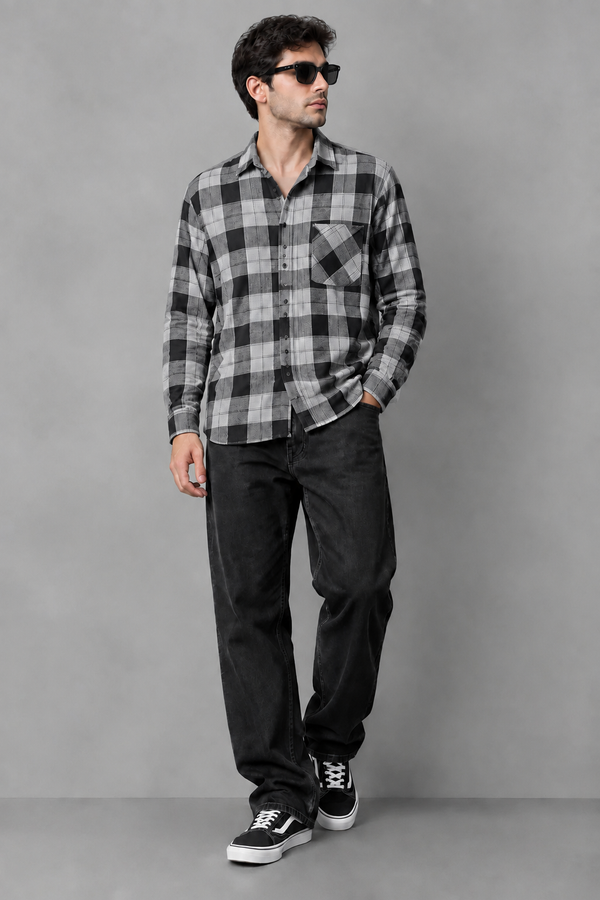 پیراهن لش باکسی چهارخانه مشکی سفید پشمی با کیفیت استثنایی کد M120 / اورجینال دیلم