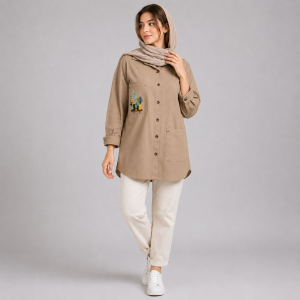 مانتو کتان زنانه طرح کاکتوس گلدوزی
