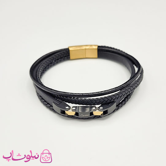 خرید  دستبند مردانه چرم استیل مدل کارتیه چندلاین مشکی طلایی کیفیت مستر 