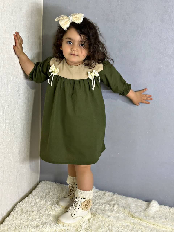 پیراهن دخترانه لینن سبز کد 041118