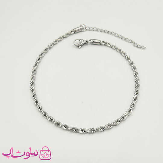 خرید پابند زنانه طنابی مدل استیل نقره ای عرض 3 میل