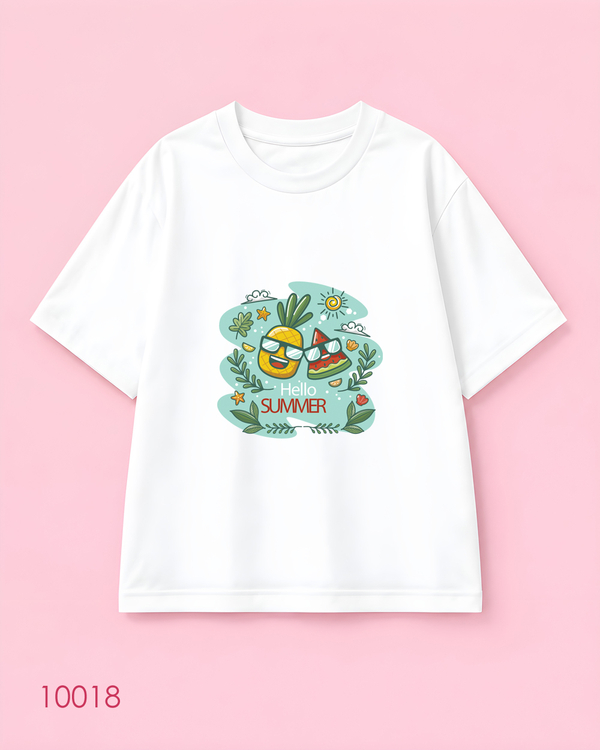 خرید  تیشرت اورسایز نخ پنبه طرح Hello Summer آناناس و هندوانه خندان 